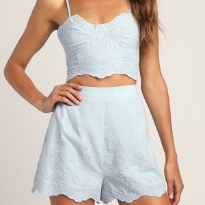 Summer Soiree Light Blue Embroidered Sleeveless Two-Piece Romper
